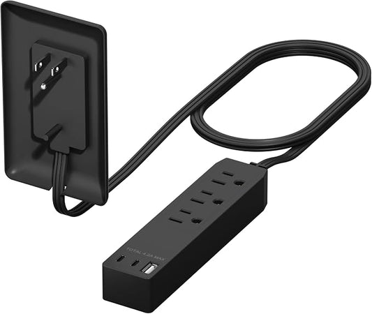 LIDER Outlet Extender with 3 Receptacles, 21W USB-A & 2 USB-C, Ultra-Thin Wall Plate Plug with Cord Extender, 3-Outlet Power Strip, Flat-Face, 3ft Cord, 1625W, ETL Listed, Matte Black