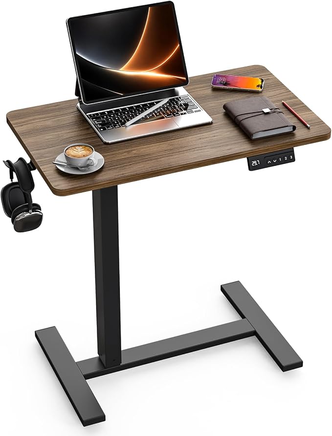 FiCiHi Small Electric Standing Desk - Adjustable Height Bedside Laptop Table with Wheels, Mobile, Portable Rolling Computer Workstation Sit Stand Table for Home Office, Sofa, Couch Use(28x16,Walnut)