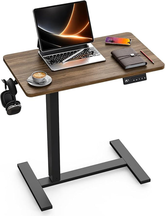FiCiHi Small Electric Standing Desk - Adjustable Height Bedside Laptop Table with Wheels, Mobile, Portable Rolling Computer Workstation Sit Stand Table for Home Office, Sofa, Couch Use(28x16,Walnut)