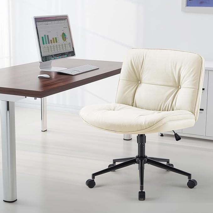 Sweetcrispy Armless-Office Desk Chair with Wheels, Cross Legged Wide Chair, PU Leather Comfortable Adjustable Swivel Computer Task Chairs for Home,Office,Make Up,Small Space,Bed Room Light Beige