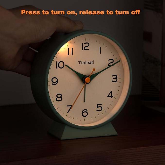 Tinload 4.5" Battery Operated Retro Analog Alarm Clock, Small Silent Bedside Desk Clock,Lighted on Demand, Battery Operated, Snooze, for Living Room, Bedroom, Bedside, Desk(Green)