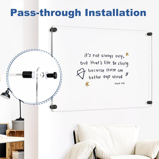 Large Clear Acrylic Dry Erase Board, 24" X 16" Black Non-Magnetic Frameless Clear White Board for Wall, Erasable Acrylic Board for Wall, Home, Office, School, 2 Markers