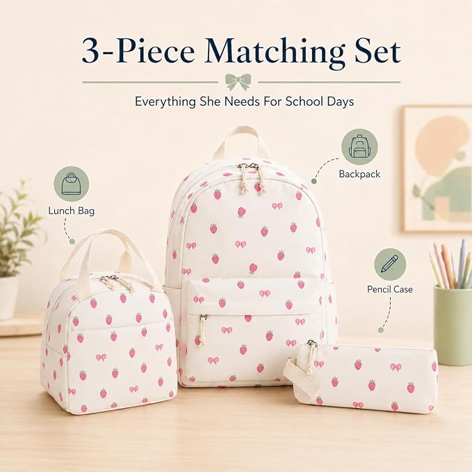 Bluboon Teen Girls School Backpack Kids Bookbag Set with Lunch Box Pencil Case Travel Laptop Backpack Casual Daypacks (Beige bow tie)