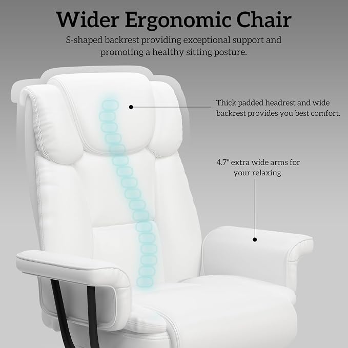 GYI 160 Reclining Office Chair with Footrest, Big & Tall Desk Chair, White | Cross Legged Seat, High Back, Faux Leather, Heavy Duty Base, Adjustable Height, for Home, Executive