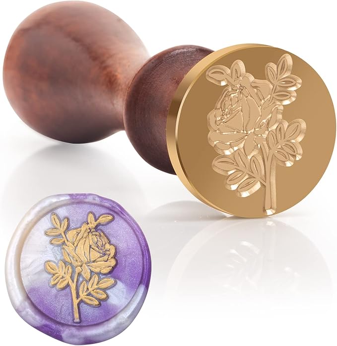 Romantic Rose Wax Seal Stamp, Elegant Garden Botanical Plant Sealing Stamper with Wooden Handle for Floral Aesthetic Wedding Invitation Card Envelope Letter Planner Journal Accessories