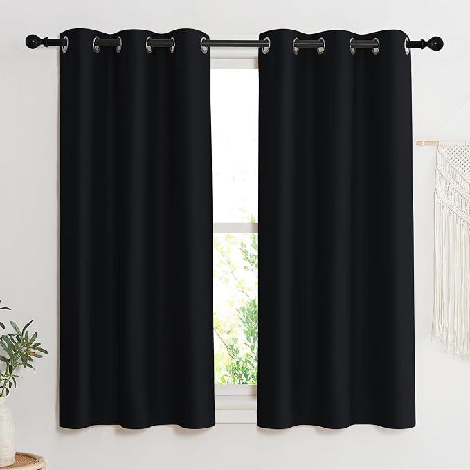NICETOWN Black Out Curtain Panel Shade, Single Piece, 42 inches Wide by 45 inches Long, Black, Solid Energy Efficient Eyelet Top Window Blind for Guest Room