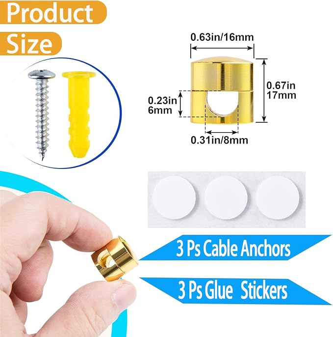 3 Sets Charger Cord Holder, Gold Metal Adhesive Cable Management Clips,Adjustable Cable Anchor Holders,Wire Organizer for Desk, Wall Hook, Home, Office,Bedside Table