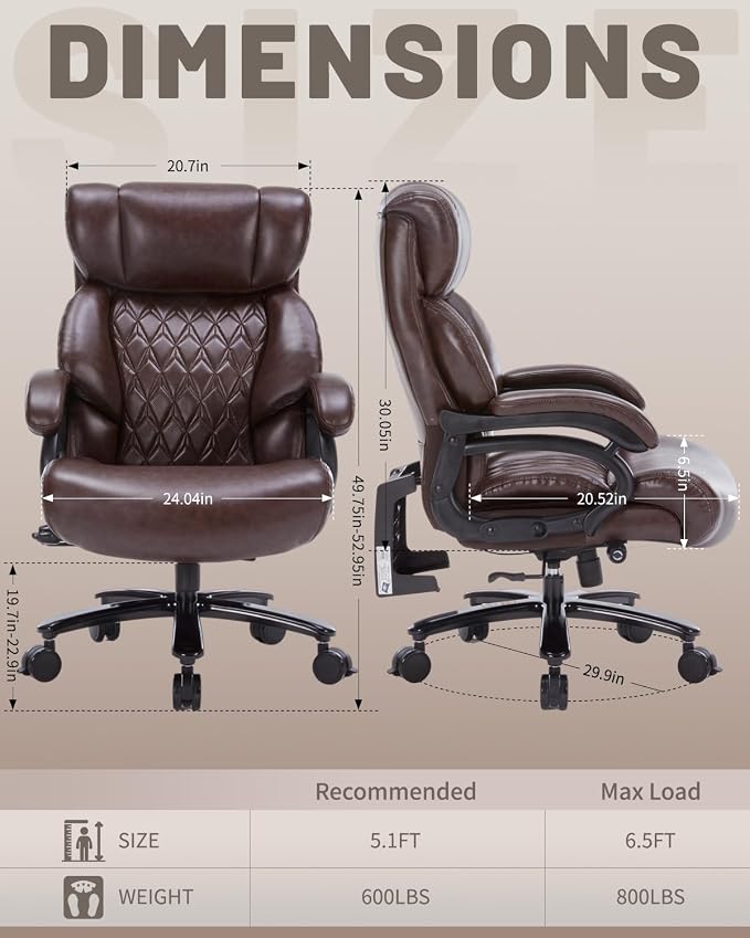 800LBS Heavy Duty Office Chair & Massage Footrest Big & Tall Executive Chair with Adjustable Lumbar Support, PU Leather, Extra Wide Seat for Comfort