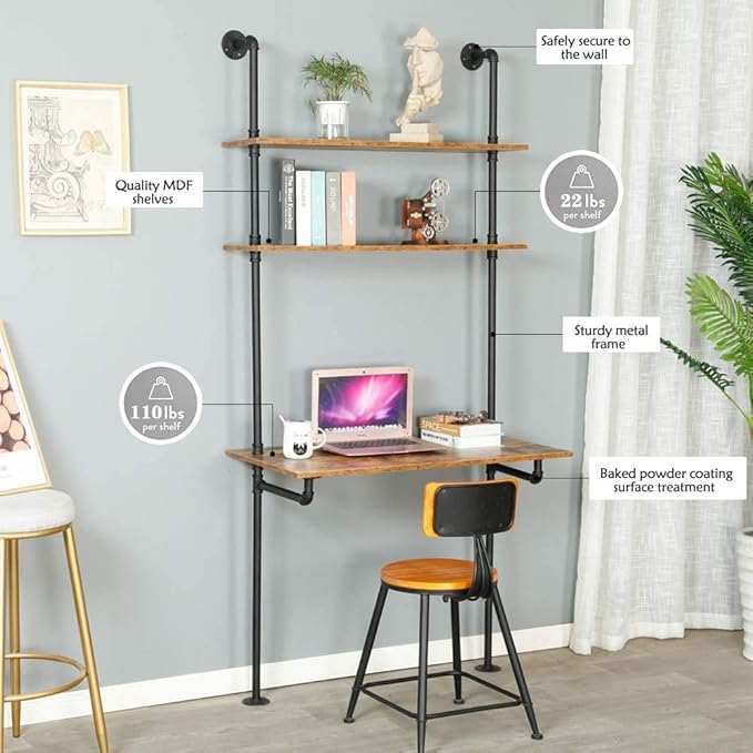 ZIOTHUM Industrial Wall Mount Desk with Shelves, Ladder Style Computer Laptop Desk, Floating Table with Storage, Industrial Pipe Bookcase for Home Office (36x20x81)