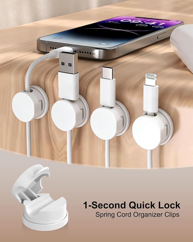OneLeaf 12 Pack Spring Cable Clips for Phone Charger, One-Hand Cord Holder for Nightstand & Desk, Rotatable Desk Cable Management with Strong Adhesive, White