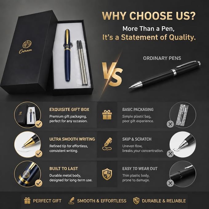 Luxury Gold Rollerball Pen, 24K gold-plated exquisite pen body, stylish and simple design, two ink refills, gift set for men and women, executive writing, office, graduation gift (Blue)