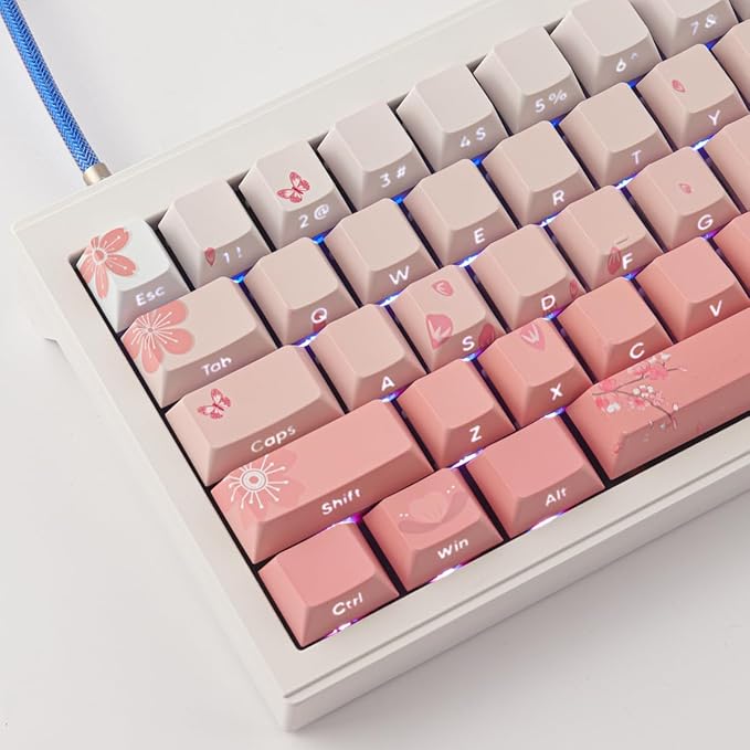 Tsungup PBT Keycaps Cherry Blossom Keycap Set - Custom Pink Sakura Keycaps | 135 Keys Gradient DoubleShot Side Print Key caps Cherry Profile Keyboard Key caps for Mechanical Keyboards