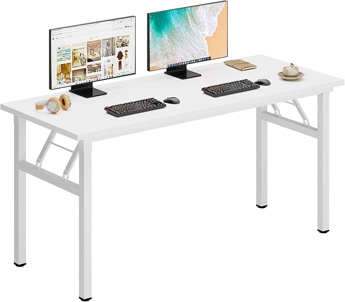 sogesfurniture Modern Foldable Computer Desk 54.3 inches, No Assembly Sturdy Large Laptop Workstation for Home Office, Portable Folding Study Table Writing Gaming Desk for Small Spaces, White
