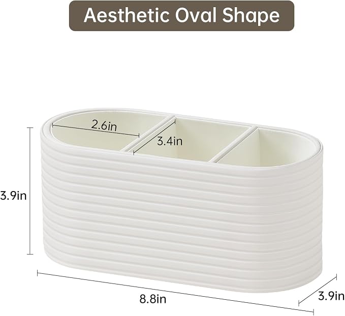 Remote Control Holder, Oval Pen Holder for Desk, Ivory | 3-Compartment Desk Caddy for Remotes, Glasses, Pens, PU Leather Small Desk Organizer for Nightstand, Coffee Table, Office