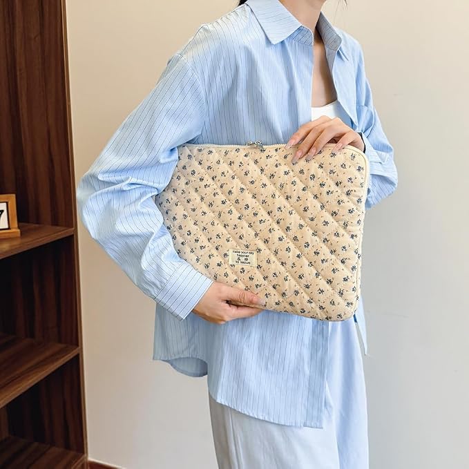 Cute Laptop Sleeve 13-15 inch Laptop Case Aesthetic Quilted Laptop Sleeve Computer Bag with Flower Printing for MacBook (A-Blue, 13inch)