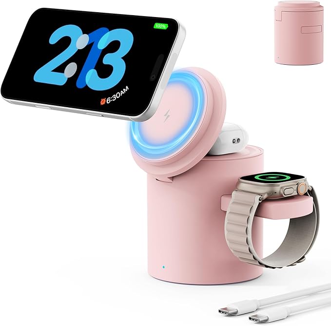 Foldable 3in1 Magnetic Wireless Charger,15W • Silent • Travel Ready, for iPhone17-12, Fast Charging Station for Apple Watch AirPods, Portable MagSafe Charger with Stand Mode for Travel & Desk