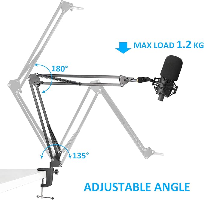 Audio-Technica AT2020 Mic Boom Arm with Foam Windscreen, Suspension Boom Scissor Arm Stand with Pop Filter Cover for Audio-Technica AT2020 Microphone by SUNMON
