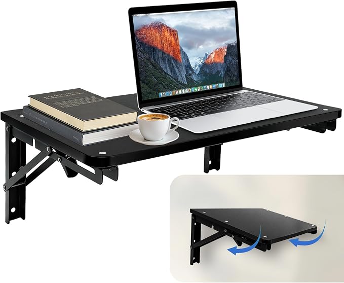 Folding Shelf Wall Mounted for Small Space, Wooden Wall Table for Living Room Bedroom Decor, Office Floating Fold Down Desk, Media Shelves with Heavy-Duty Brackets, 21.7Inches Black
