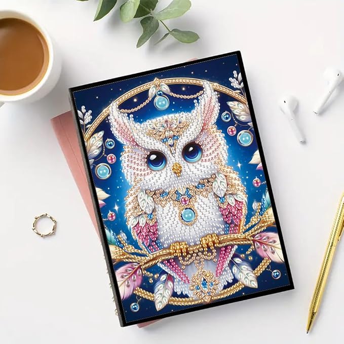 FRANDEK A5 50-Page DIY Owl Diamond Art Painting Notebook with Beautiful Patterns, Special Shaped Diamond Art Craft for Beginners Adults Gift