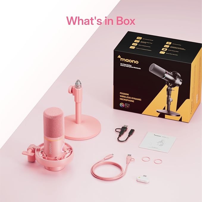MAONO PD200W Hybrid Wireless Podcast Microphone for PC, Dynamic XLR USB Mic with Desktop Stand, Software, Noise Cancellation, for Vocal Recording, Streaming, Content Creation, Pink