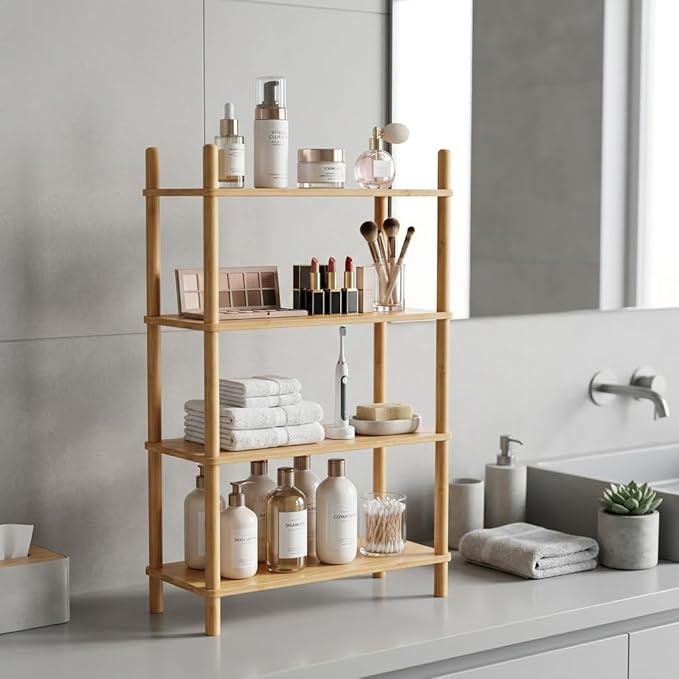 4-Tier Bamboo Rack | Tool-Free Expandable (2-6 Tiers) | Kitchen Spice Organizer & Office Breakroom Snack/Cup Storage (Nature, 15.6" W(4 Tier))