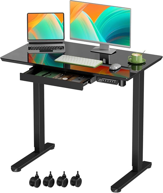 Gibbon Mounts 35” Electric Black Glass Standing Desk with Drawer & Wheels | Small Mobile Whole Piece Height Adjustable Cart with 4 Lockable Casters, Compact Computer Workstation for Home, Office