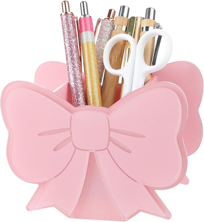2 Pack Pink Pen Holder for Desk Cute Pink Bow Makeup Brush Holder Coquette Pinks Bow Desk Organizer-Assemble Acrylic Pen Holders Pinks Bow Accessories for School Office Home Desk Supplies