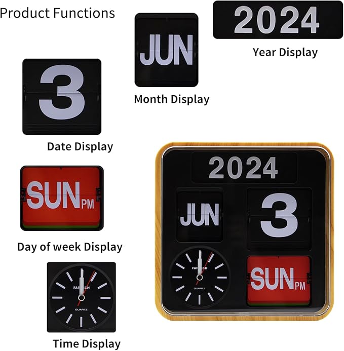 Retro Modern 9.45 Inches Calendar Day Date Flip Desk Wall Clock (Wood Grain)(No Battery Included)