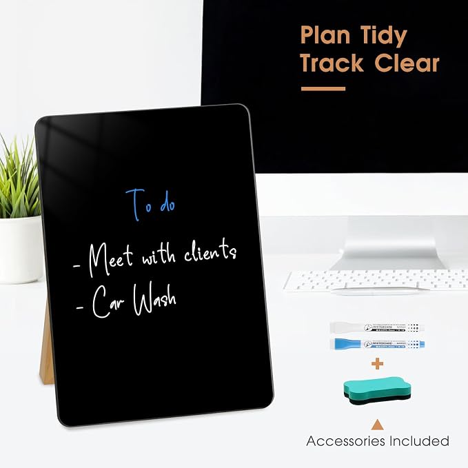 Desktop Black Glass Dry Erase Board, 9.5" x 6.7", Adjustable Wood Stand | Small Glass Whiteboard, Reusable Desk Notepad for Home Office