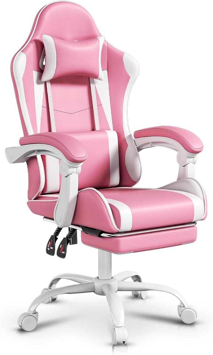 Auto Dynasty Ergonomic Gaming Chair, High-Back Office Chair w/Adjustable Lumbar Support, Linkage Armrest, Headrest & Footrest, 350LBS Recliner Swivel Computer Game Racing Chair, Pink/White