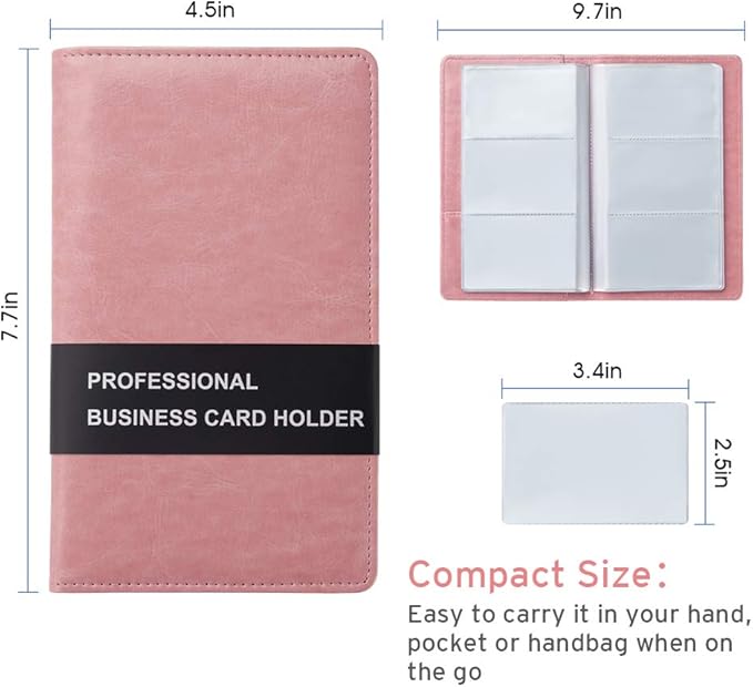 Sooez Leather Professional Business Card Book Holder Organizer, 240 Capacity Credit Card Booklet, PU Name Cards Holder Storage File for Men Women, 7.7"x 4.5" x 0.7", Pink