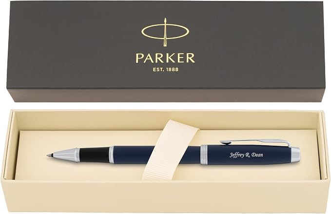 Parker IM Rollerball Pen, Matte Blue with Chrome Trim, Personalized Laser Engraving, Black Ink, Official Parker Gift Box, Graduation and Retirement Gift