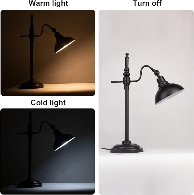 Industrial Desk Lamp Black Farmhouse Task Lamps Adjustable Rustic Modern Table Lamp E26 Vintage Metal Eye-Caring Reading Lamp for Office Living Room Dorm