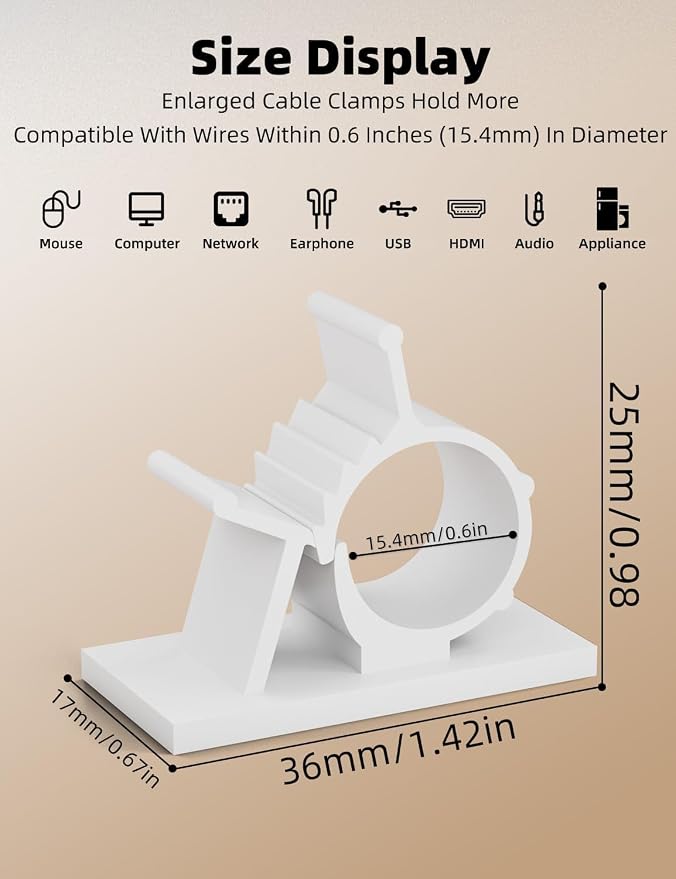 Viaky White Adhesive Cord Clips, 30Pcs Cable Clamps Adjustable Wire Holder | Reusable Nylon Electric Cord Organizer for Car Home Office Desk Wall Nightstand Cable Clips for Cable Width 0.6''(15.4mm)