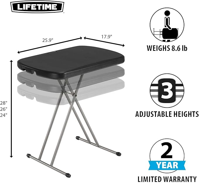 LIFETIME Adjustable Folding Laptop Table TV Tray, 26 Inch, Black