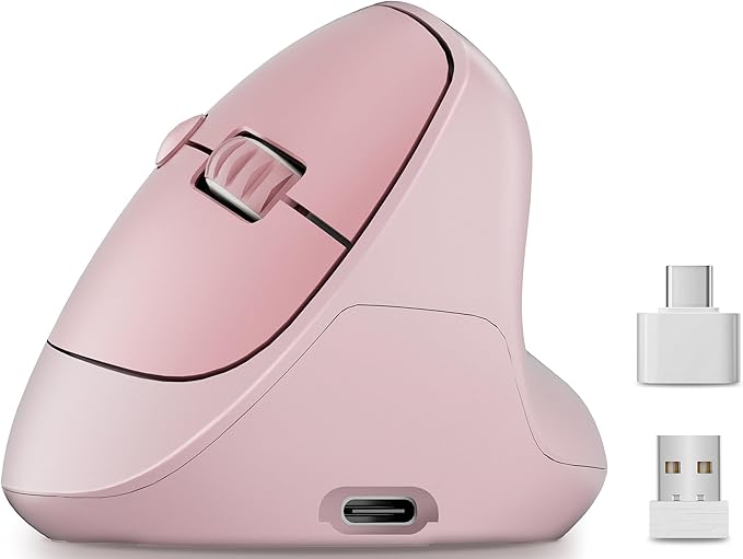Ergonomic Vertical Wireless Mouse, 57°, Small/Medium Hands, Pink | Rechargeable, Quiet Click, 800/1200/1600 DPI, 2.4GHz USB Receiver, Forward/Back Buttons, Computer Mouse for Laptop PC Mac