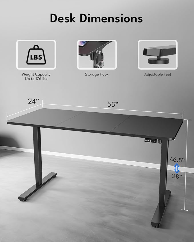 Large Electric Standing Desk, Gaming Desk, 55 x 24 Inch, Black | Height Adjustable Computer Desk with Smart Controller, Sit and Stand Up Table for Home, Office, Work, Study, Writing