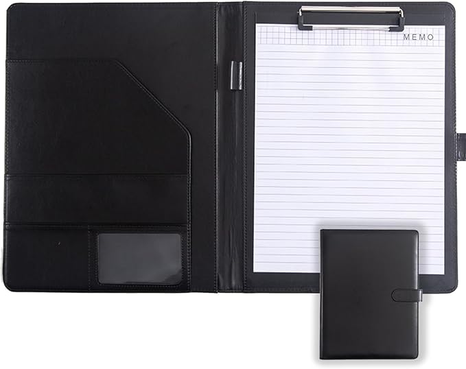 Faux Leather Portfolio with Clipboard – A4/Letter Size Legal Pad Holder, Resume Organizer and Writing Folder, Professional Business Conference Office Padfolio(Black)