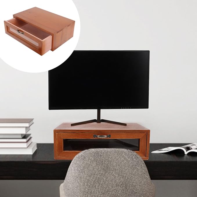 Retro Wooden Monitor Riser with Drawer 11.81X7.28X3.93 Inch Desktop Storage Box Organizer for Office Makeup and Computer Accessories