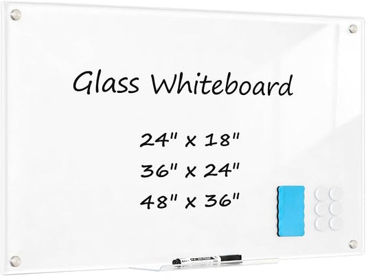 Magnetic Glass Whitebaord for Wall, 36" x 24" Dry Erase Frameless Glass Dry Erease Board for Home School Office, Ultra White