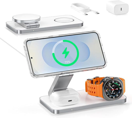 Qi2 25W Magnetic Wireless Charger for Samsung, 3 in 1 Fast Charging Station Compatible with MagSafe for Galaxy S26/S25/S24/S23/Ultra/Plus/Z Fold/Flip 7, Watch Ultra/8/7/6/5 & Buds with 35W Adapter
