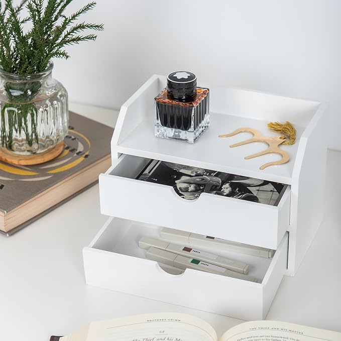 ZGZD Wooden Organizer Mini Desk Drawer Tabletop Office Supplies Desk Accessories for Office or Home White (2 Drawers)