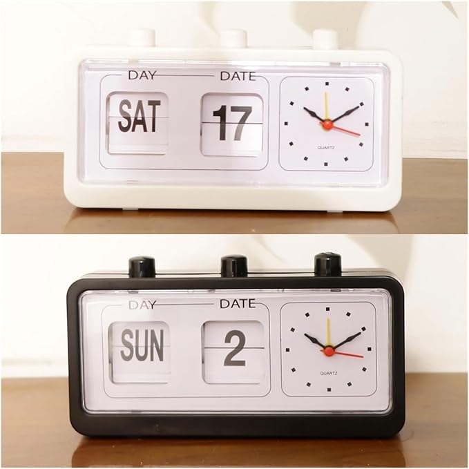 Auto Flip Down Clock Non-Ticking Calendar Clock with Day Date Display (Color : Black)
