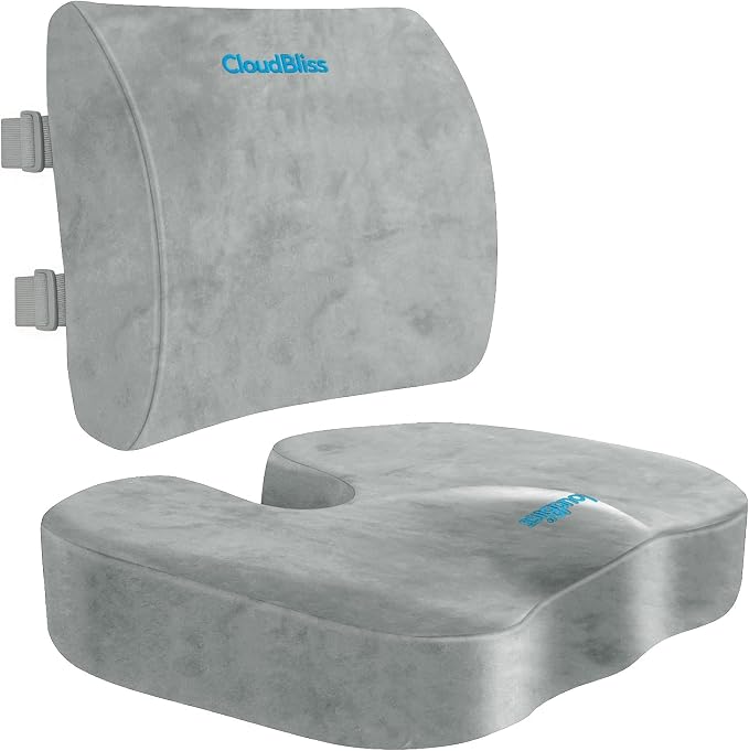 CloudBliss Lumbar Support Pillow & Seat Cushion Set for Office Chair, Desk Chair, Wheelchair & Car – Memory Foam Back Support, Ergonomic Chair Cushions, Sciatica Pain Relief,Home Essentials,Light Grey
