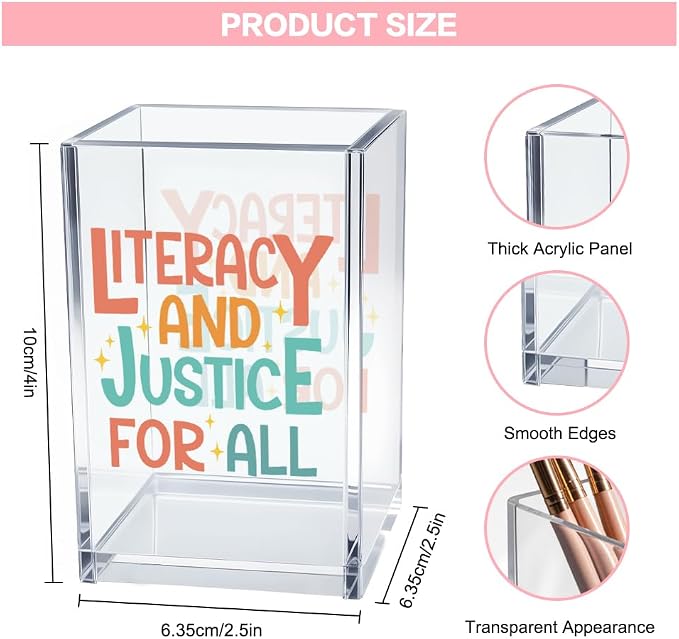 Literacy and Justice for All Acrylic Cosmetic Pencil Pen Holder Cup, Reading Book Club Pen Holder Cup, Bookish Gifts, Social Justice Gifts for Women Mom Sister Friend Coworker Librarian Teacher