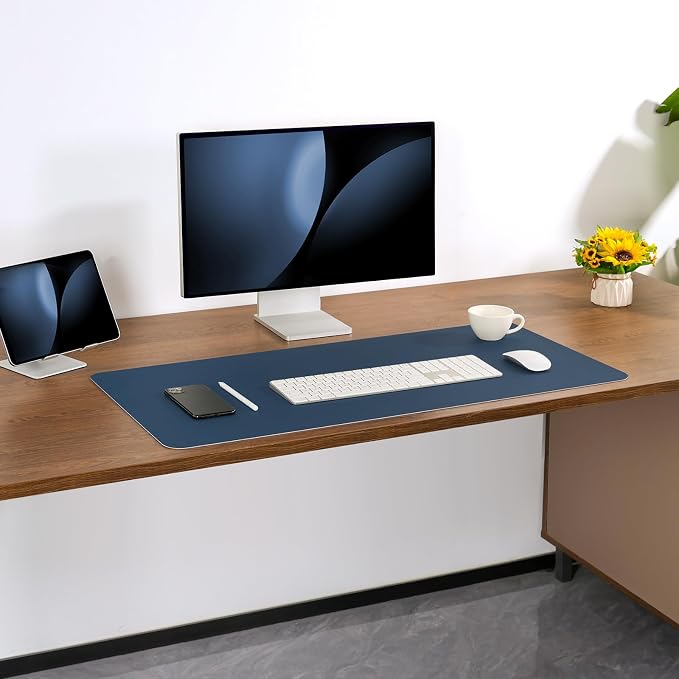 Dual Sided Desk Pad Faux Leather Desk Mat Large Mouse Pad | Desk Pad Protector Non-Slip Waterproof Desk Mouse Pad for Writing Desk, Office, Home(Light Gray Blue 31.5"X15.7")