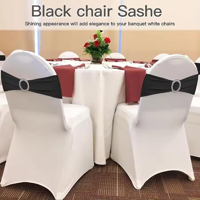 Tvoip 10PCS Chair Cover Stretch Band with Buckle Slider Sashes Bow Wedding Banquet Chair Decoration (Black)