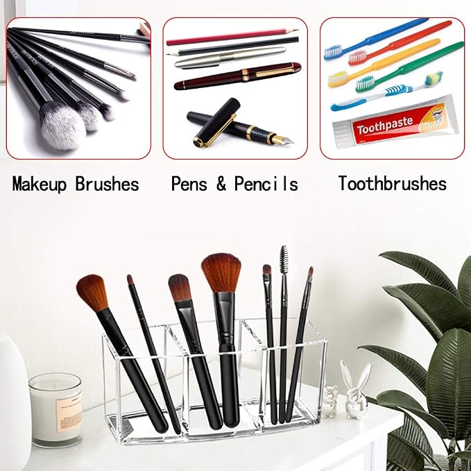 Acrylic Makeup Brush Organizer Holder Clear Cosmetic Brushes Storage with 3 Slots | 3 Slots