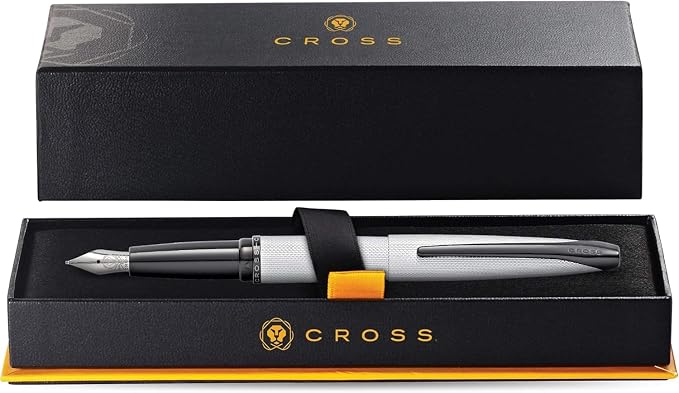 Cross ATX Sandblasted and Brushed Diamond pattern Barrel Fountain Presented in a Luxury Gift Box - Medium Stainless Steel Point, Black Ink, Chrome Metal