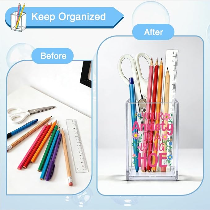 Your Anxiety Is A Lying Hoe Acrylic Organizer Pencil Pen Holder, Floral Desk Organizer, Humor Mental Health Gifts for Anxiety Coworker Friend Student, Self-Care Gifts for Daughter Niece Sister